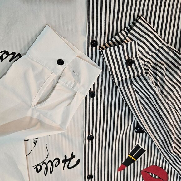 Frank Lyman Design Collection Shirt Medium Striped Woman Illustration Artsy B&W - Picture 7 of 12